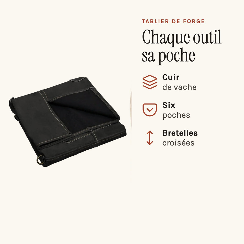 Tablier de forge en cuir de vache, six poches à outils, noir, plié