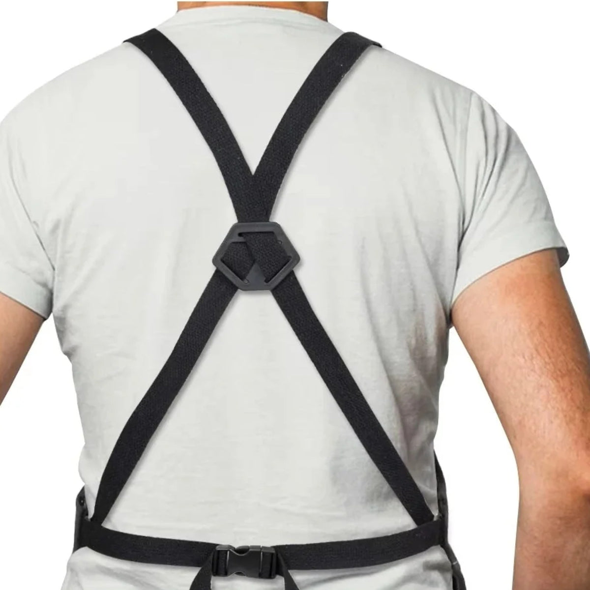 Tablier de forge en cuir de vache, six poches à outils, vu de dos, bretelles croisées