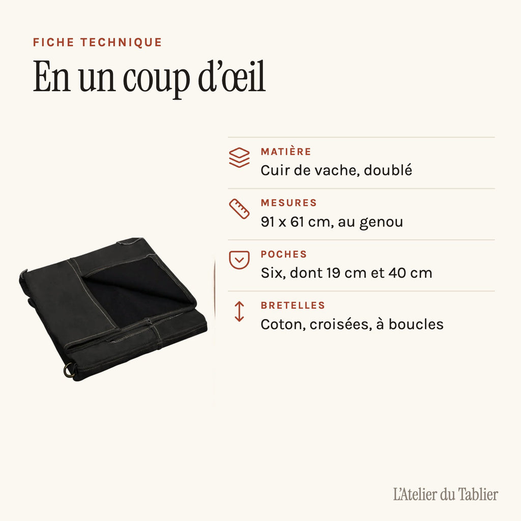 Tablier de forge en cuir de vache, six poches à outils, fiche technique