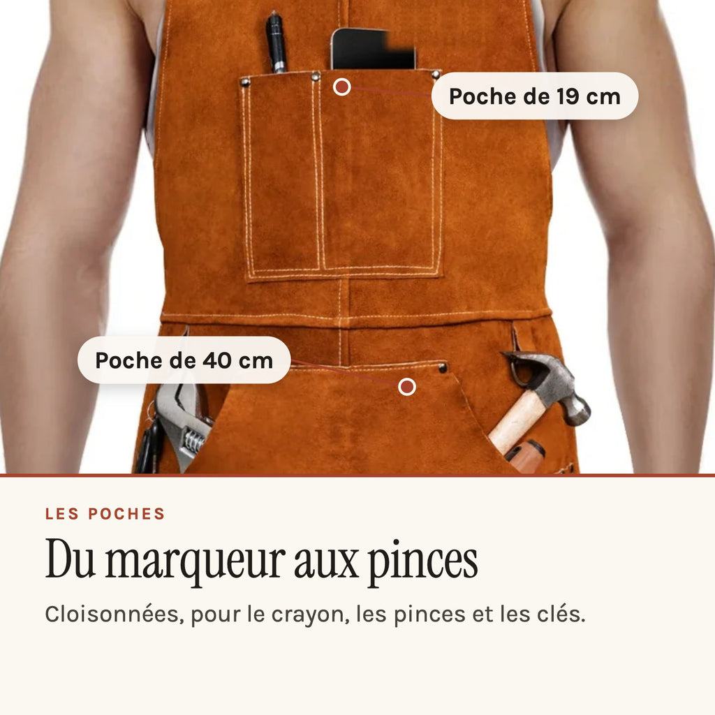 Tablier de forge en cuir de vache, six poches à outils, marron, porté, poches garnies