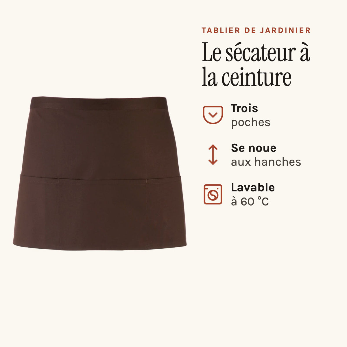 Tablier de jardinier pas cher, à trois poches, marron, tablier de taille à trois poches