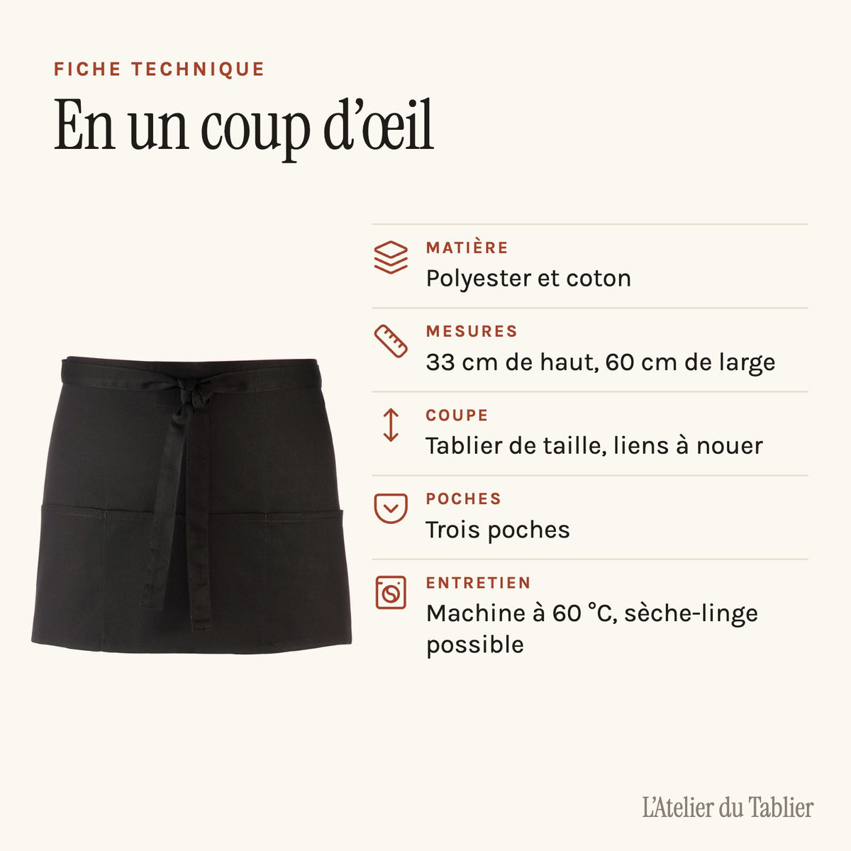 Tablier de jardinier pas cher, à trois poches, fiche technique