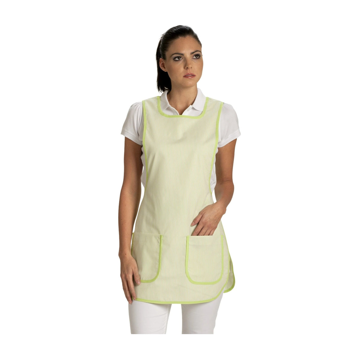 Tablier de ménage chasuble, coloris anis, porté
