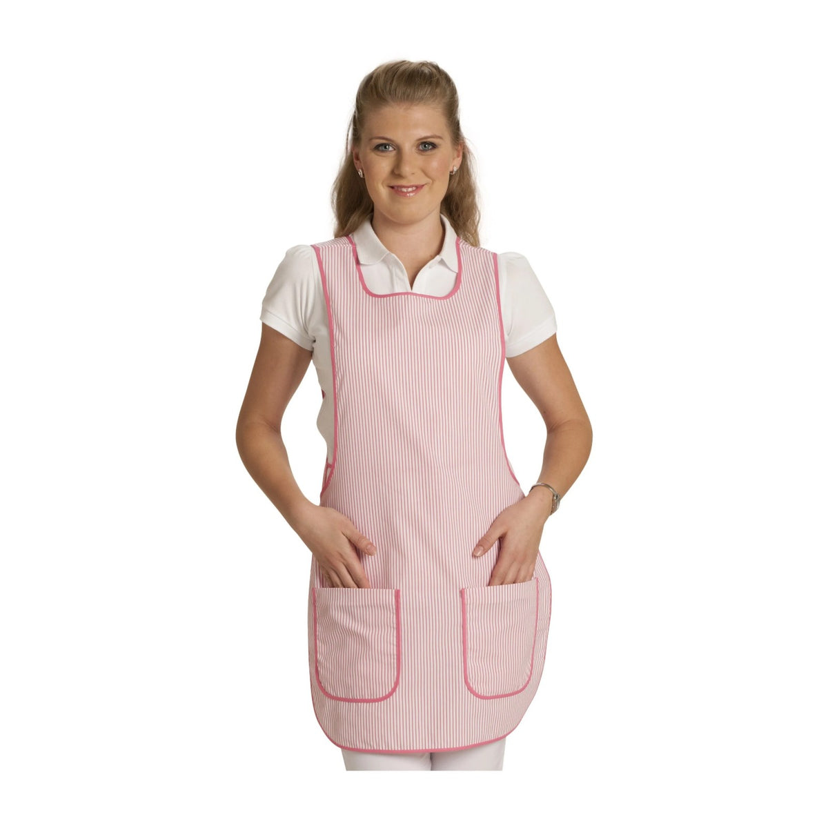 Haushaltsschürze als Überwurf, Rosa, getragen