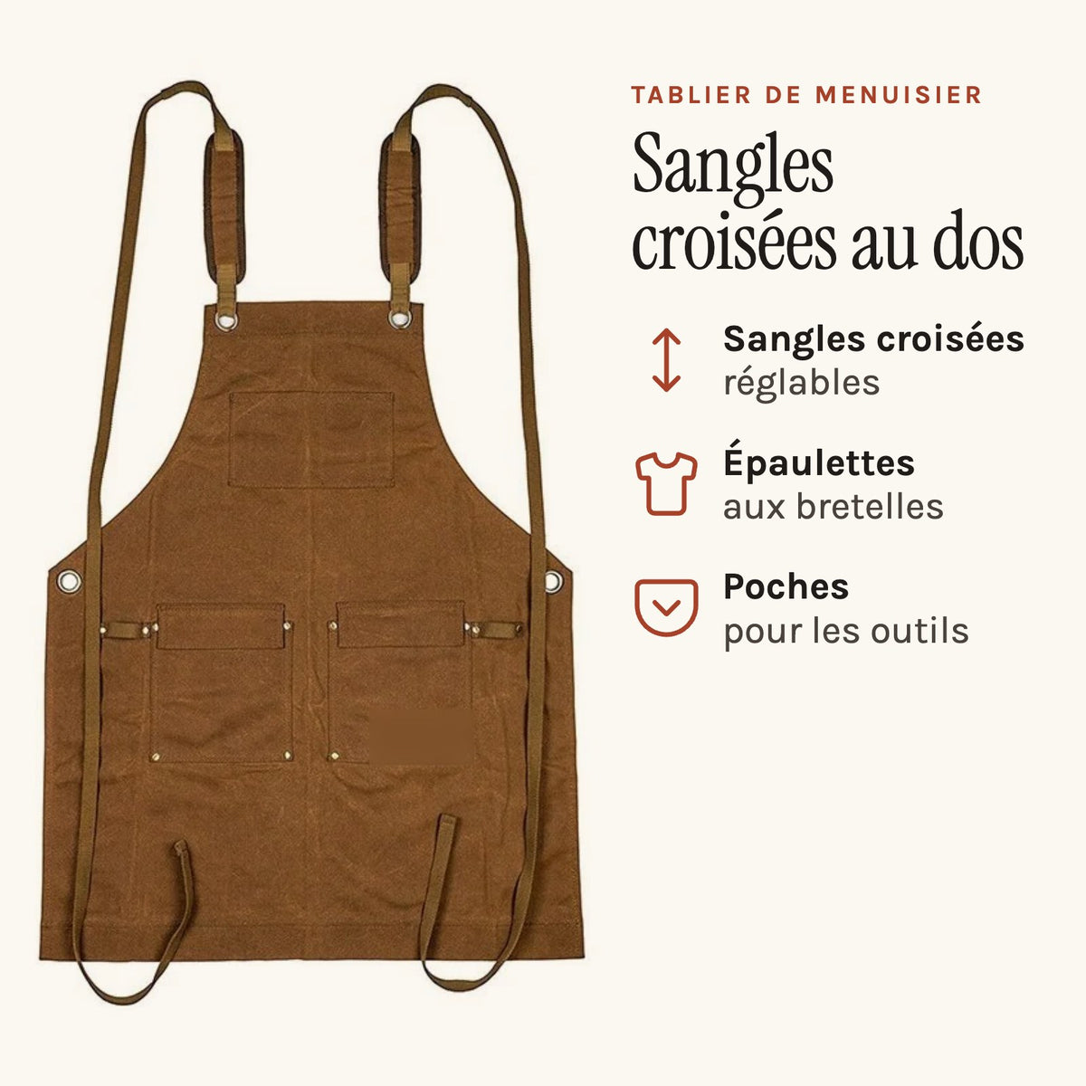 Tablier de Menuisier, sangles croisées réglables, épaulettes et poches à outils