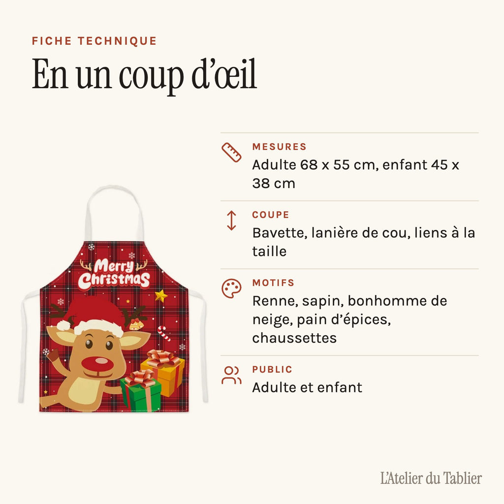 Tablier de Noël pas cher, pour adulte ou enfant, fiche technique