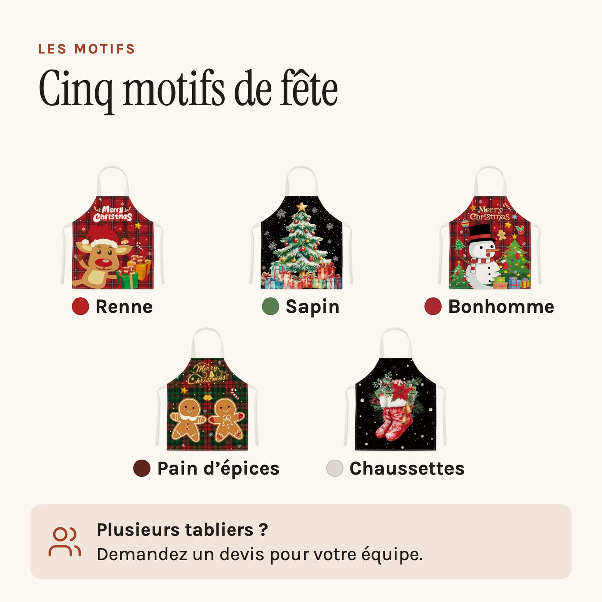 Tablier de Noël pas cher, pour adulte ou enfant, les cinq motifs
