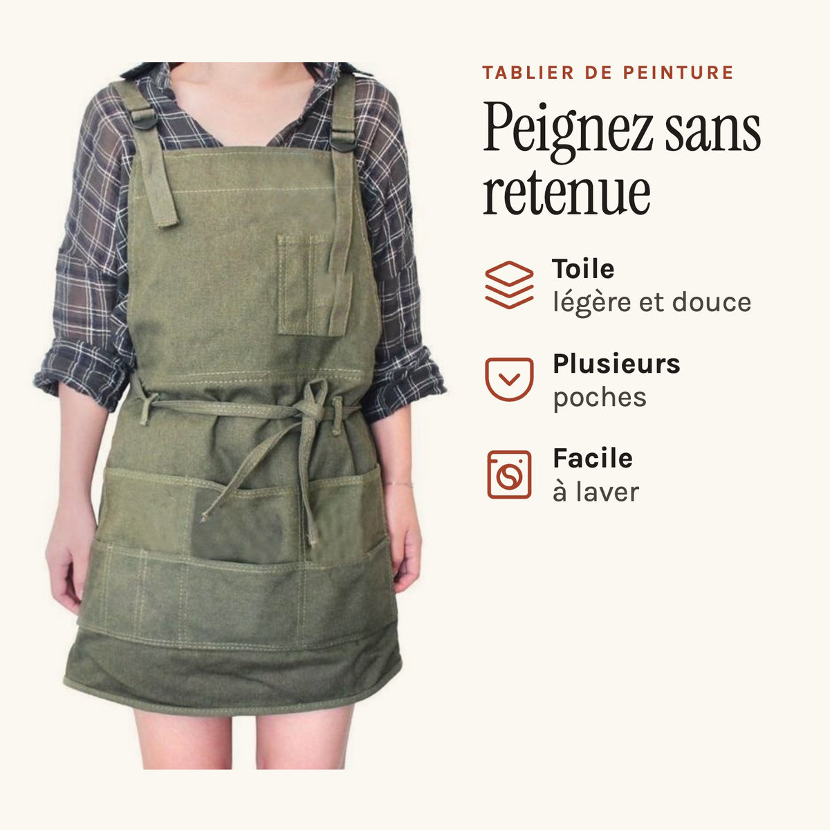Tablier de Peinture, vert kaki, porté