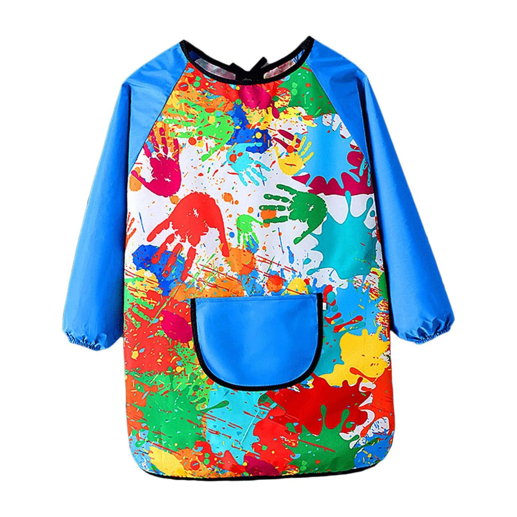 Tablier de peinture enfant à manches longues, motif mains, bleu, de face