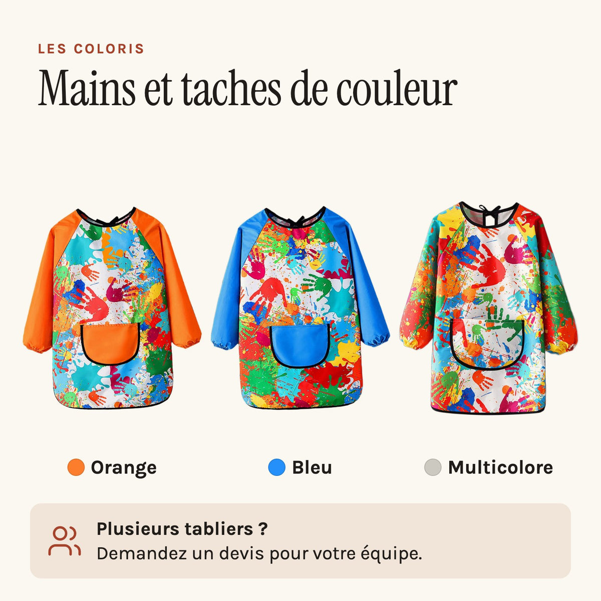Tablier de peinture enfant à manches longues, motif mains, les trois coloris