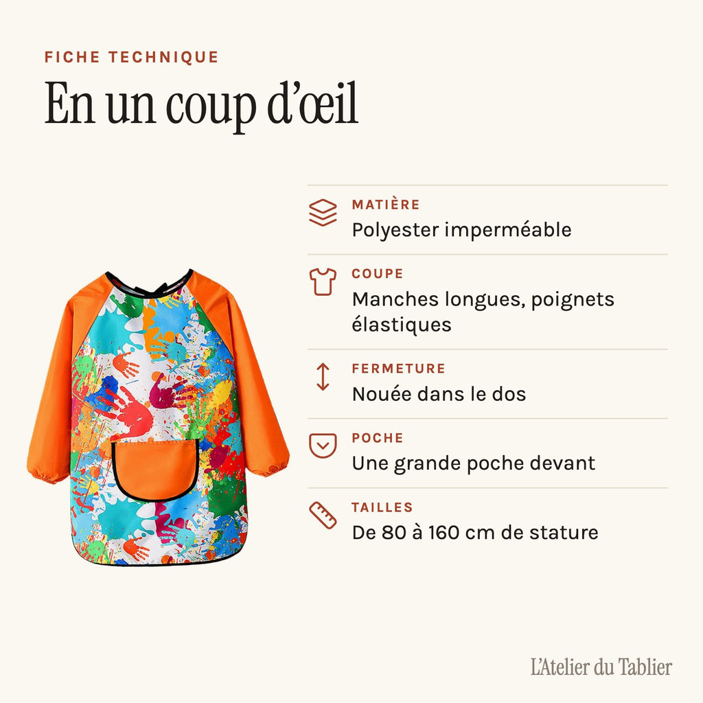 Tablier de peinture enfant à manches longues, motif mains, fiche technique