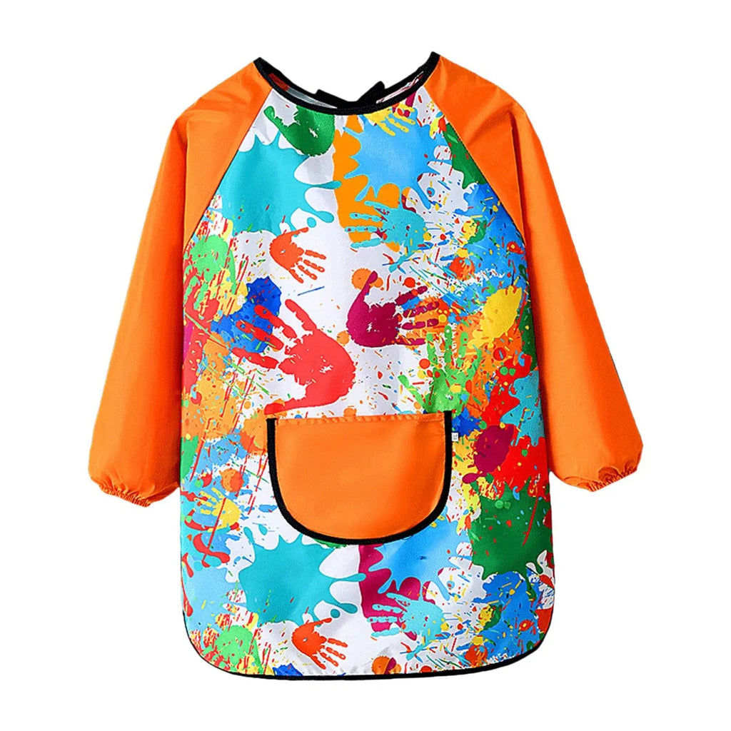 Tablier de peinture enfant à manches longues, motif mains, orange, de face
