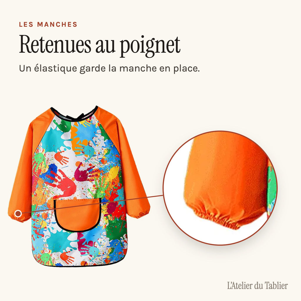 Tablier de peinture enfant à manches longues, motif mains, poignet élastique