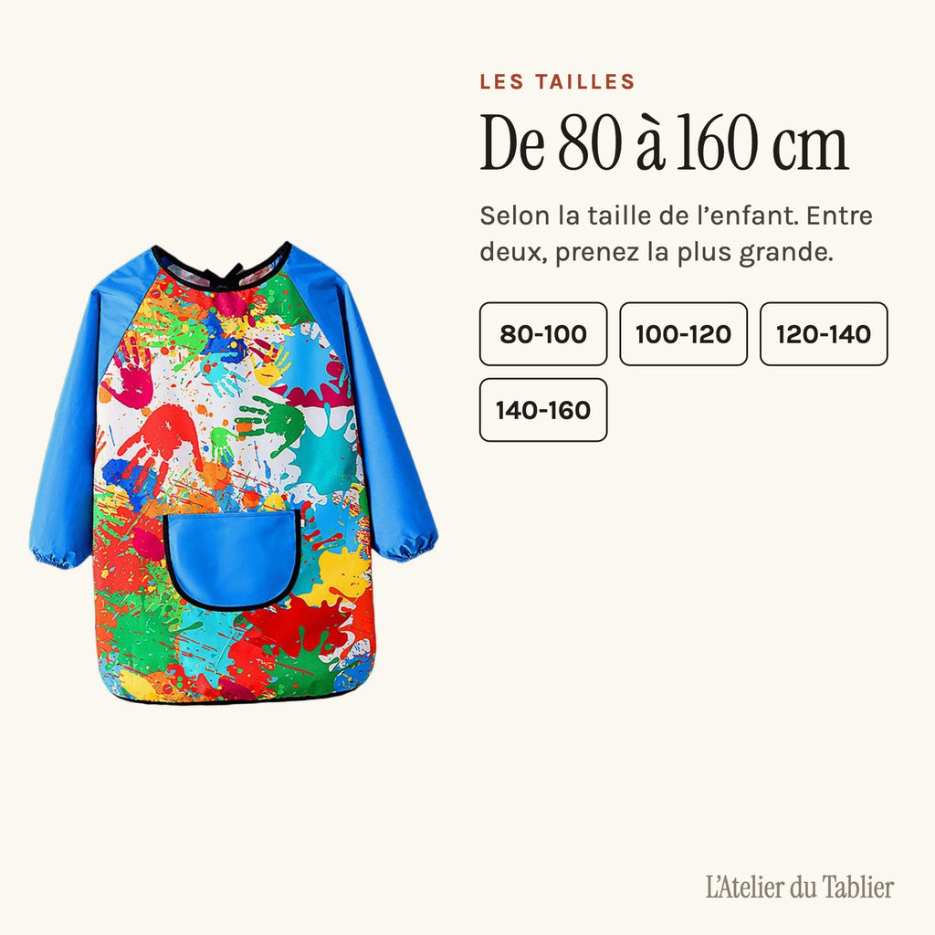 Tablier de peinture enfant à manches longues, motif mains, les tailles