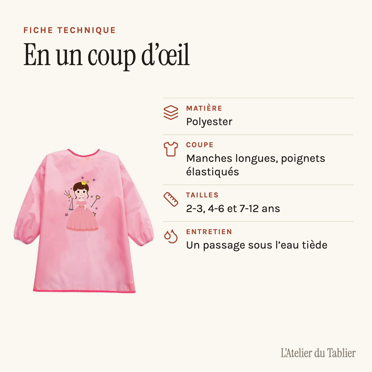 Malschürze für Mädchen mit Prinzessin, technisches Datenblatt