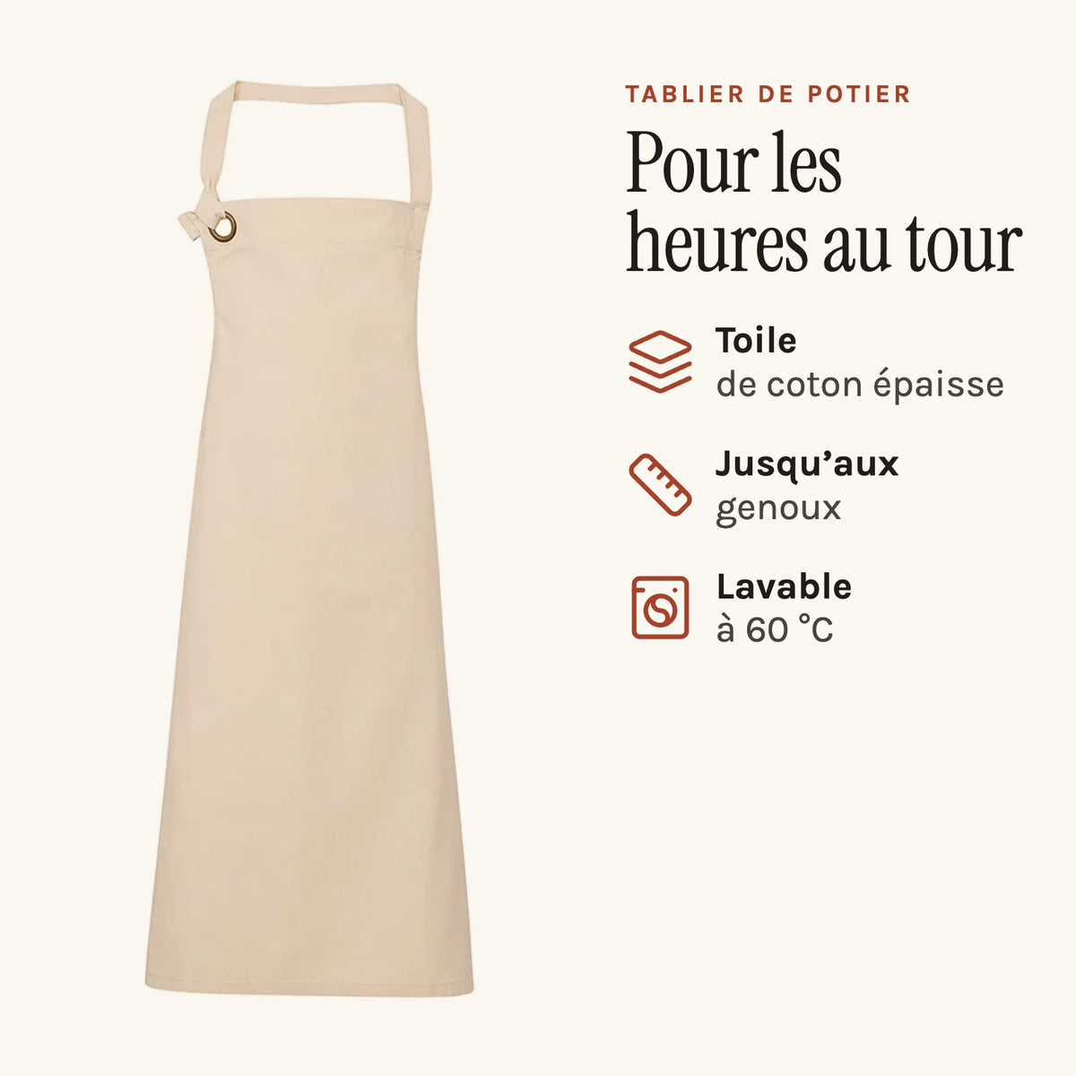 Tablier de potier en grosse toile de coton, à bavette, naturel, pour les heures au tour