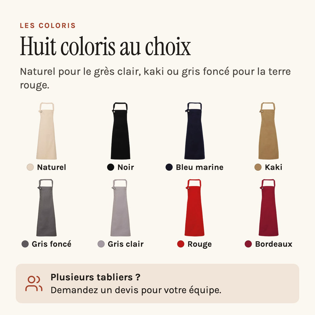 Tablier de potier en grosse toile de coton, à bavette, les huit coloris