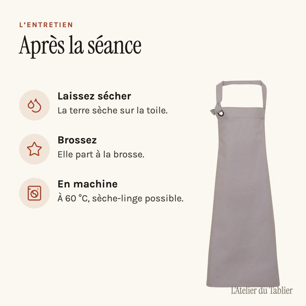 Tablier de potier en grosse toile de coton, à bavette, entretien