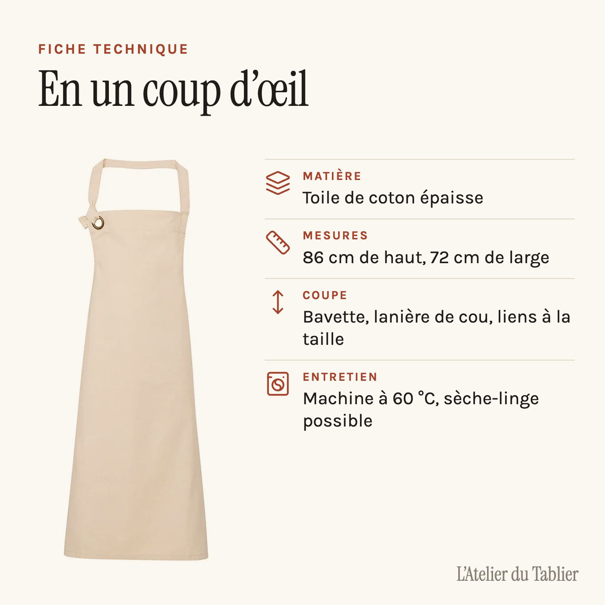 Tablier de potier en grosse toile de coton, à bavette, fiche technique