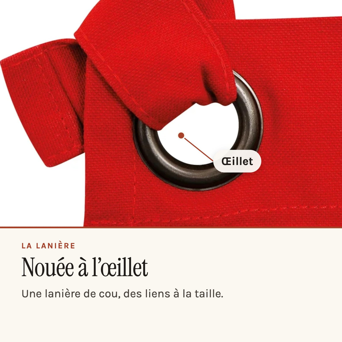 Tablier de potier en grosse toile de coton, à bavette, rouge, lanière de cou nouée à l’œillet