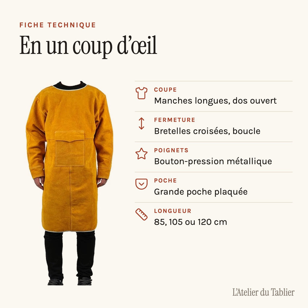 Tablier de soudage à manches longues, longueur au choix, fiche technique