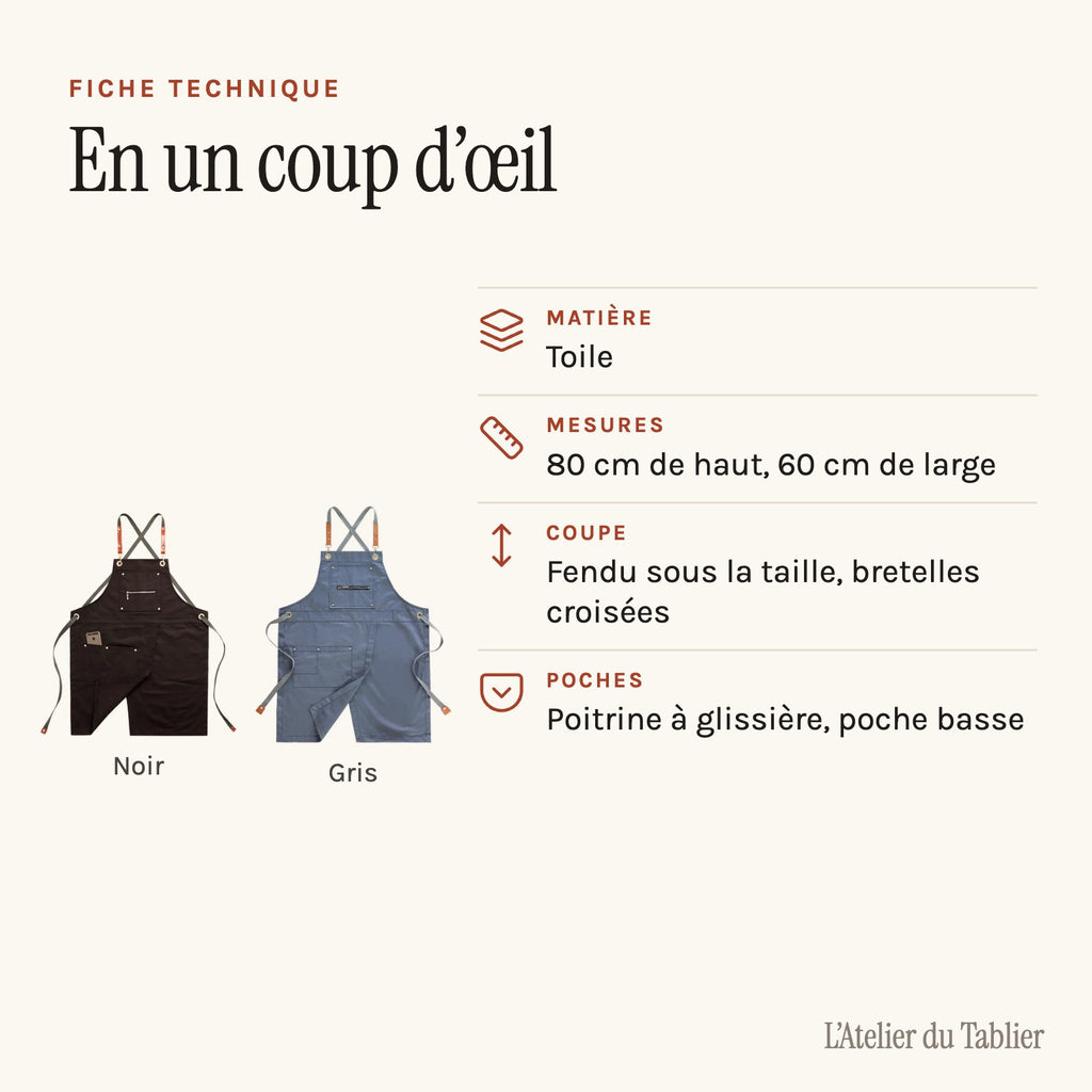 Tablier de tatoueur en toile, fendu sur le bas, fiche technique