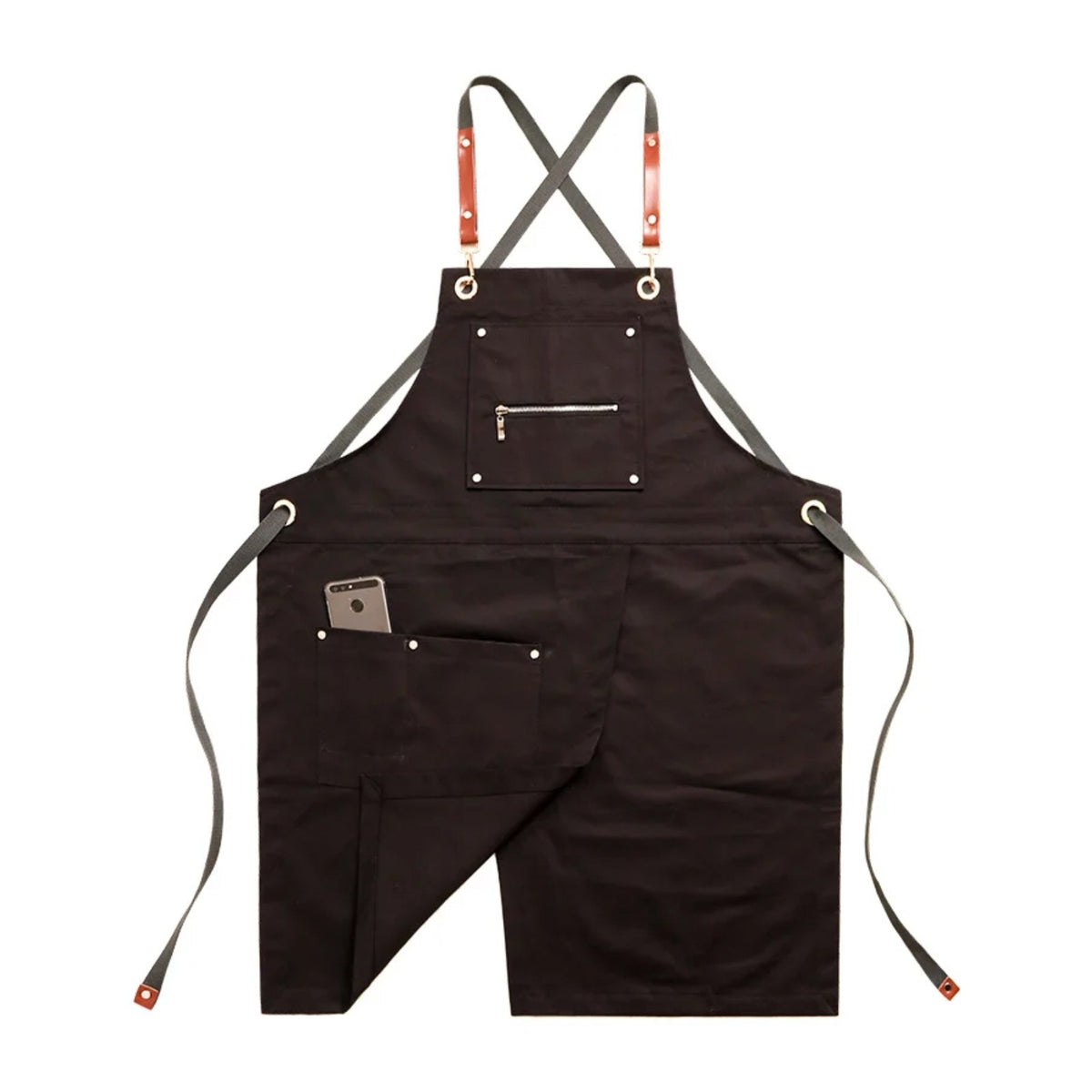 Tablier de tatoueur en toile, fendu sur le bas, noir, de face