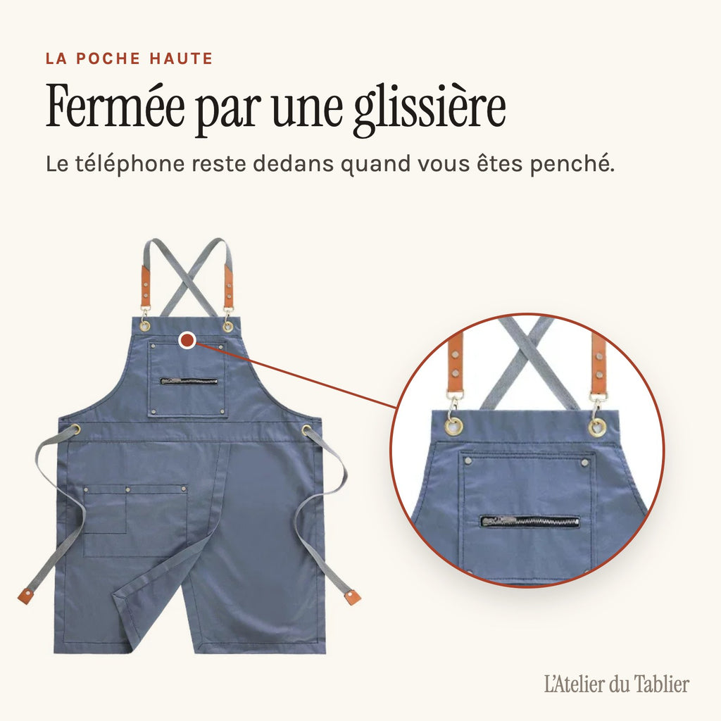 Tablier de tatoueur en toile, fendu sur le bas, gris, poche à glissière