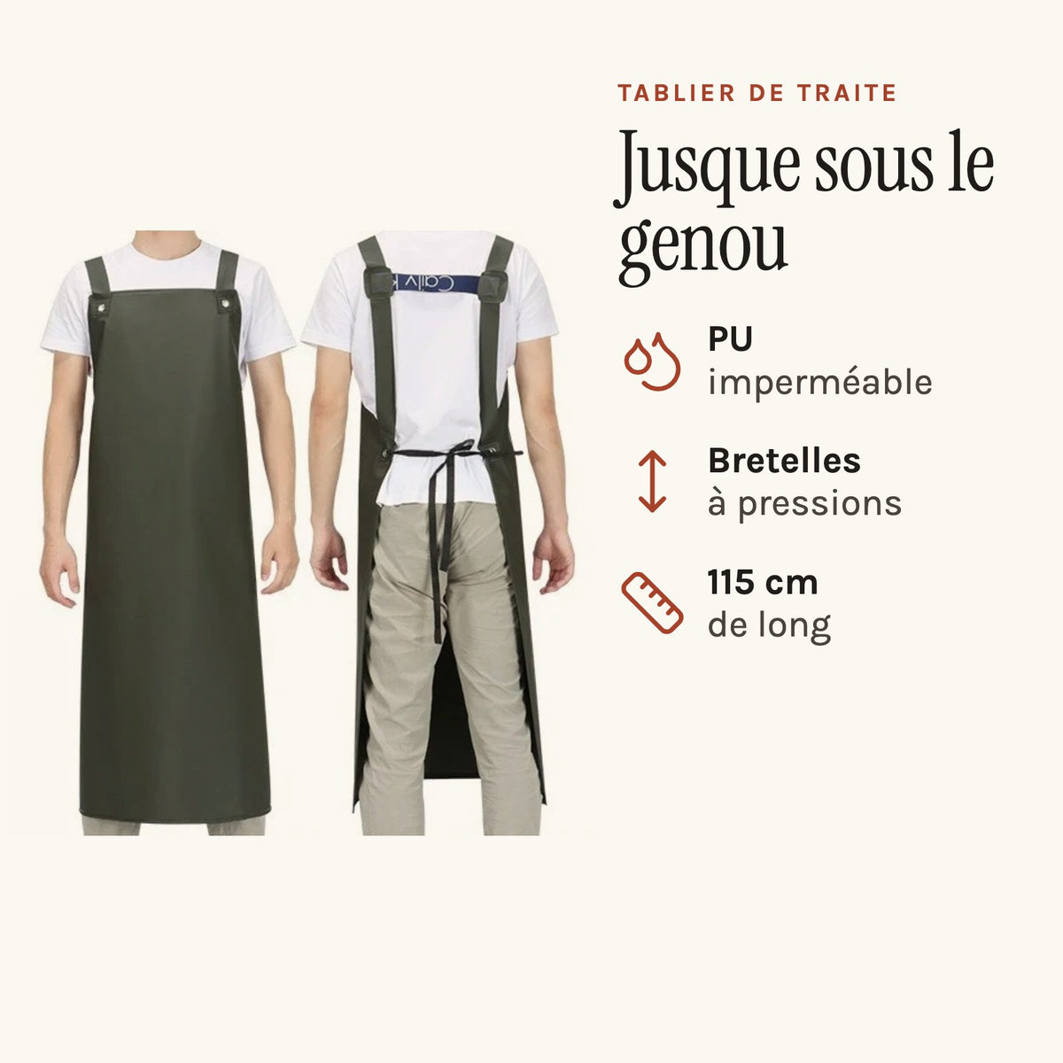 Tablier de traite long, imperméable, à bretelles larges, vert, porté