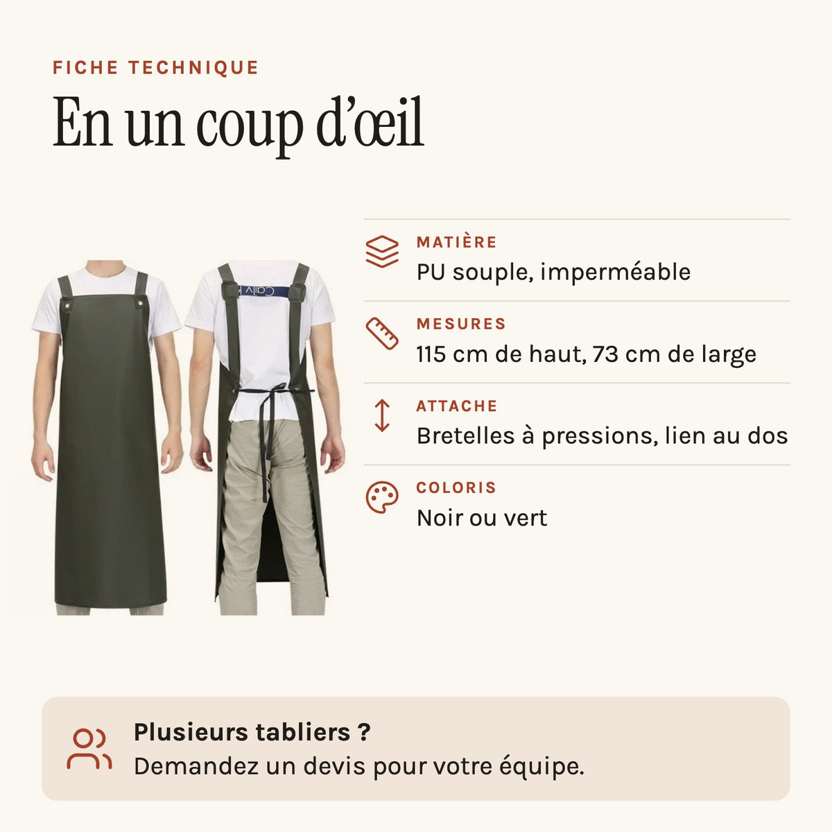 Tablier de traite long, imperméable, à bretelles larges, fiche technique