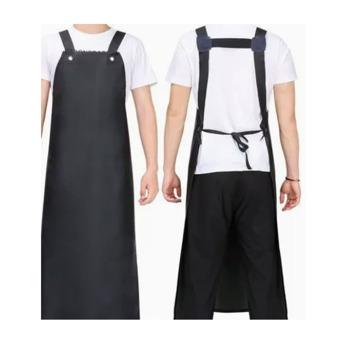 Tablier de traite long, imperméable, à bretelles larges, noir, porté de face et de dos