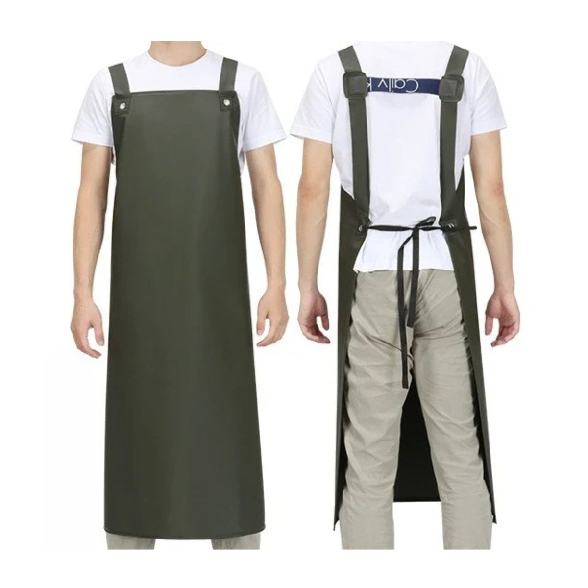 Tablier de traite long, imperméable, à bretelles larges, vert, porté de face et de dos