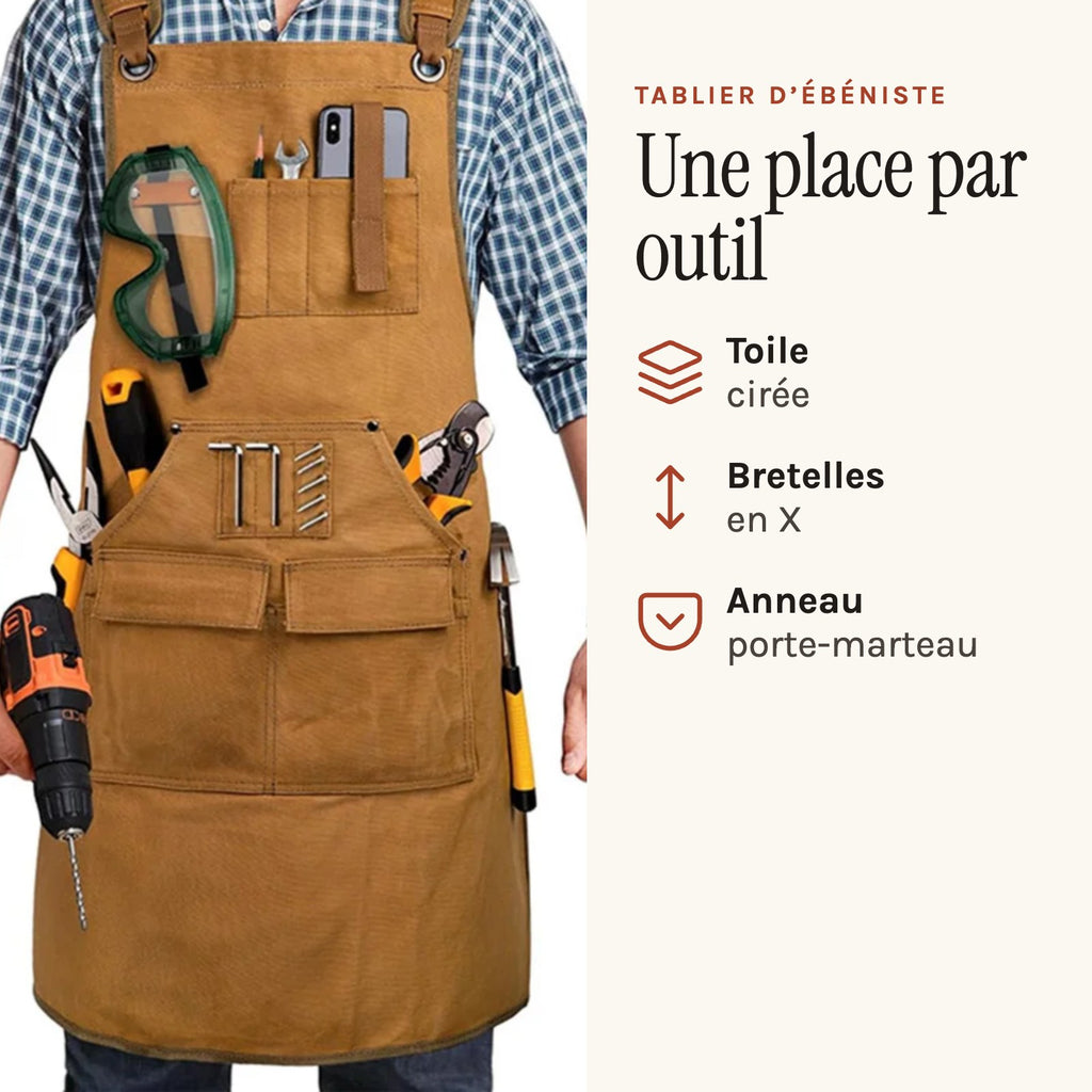 Tablier d'ébéniste en toile cirée, à bretelles en X, camel, porté, poches garnies