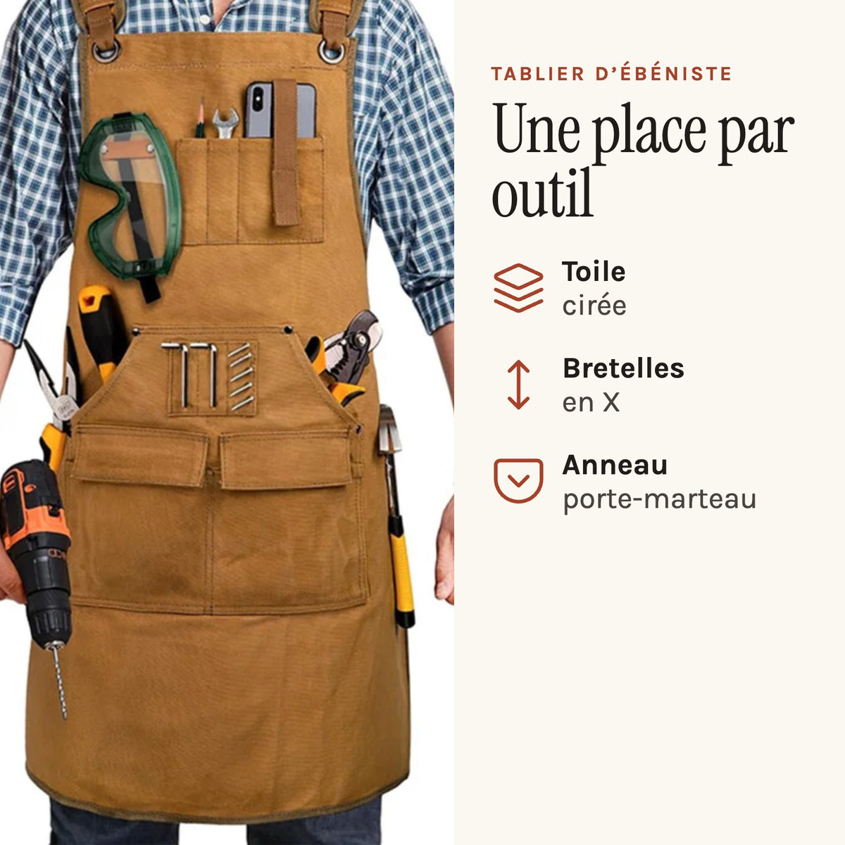 Tablier d'ébéniste en toile cirée, à bretelles en X, camel, porté, poches garnies