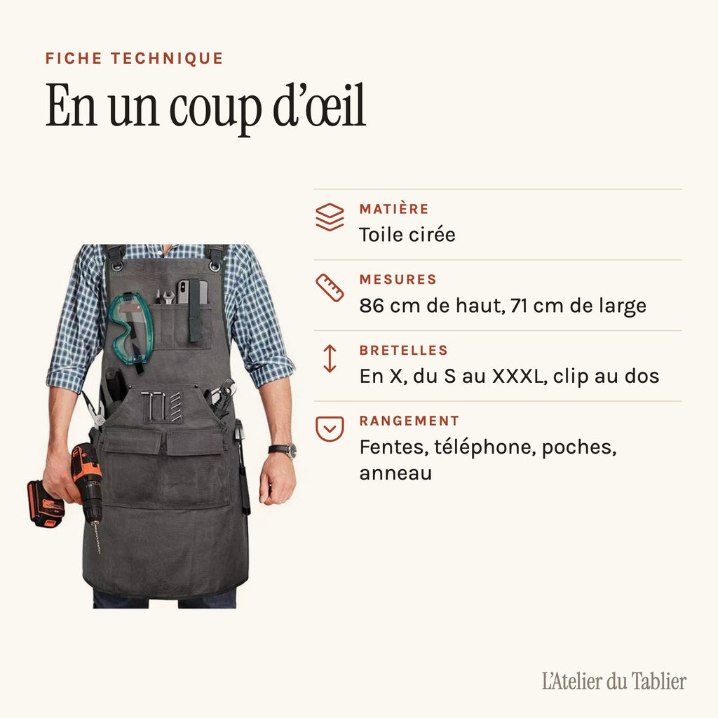 Tablier d'ébéniste en toile cirée, à bretelles en X, fiche technique