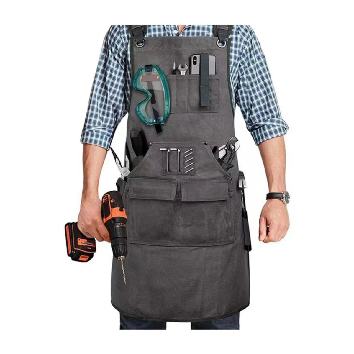 Tablier d'ébéniste en toile cirée, à bretelles en X, gris foncé, porté