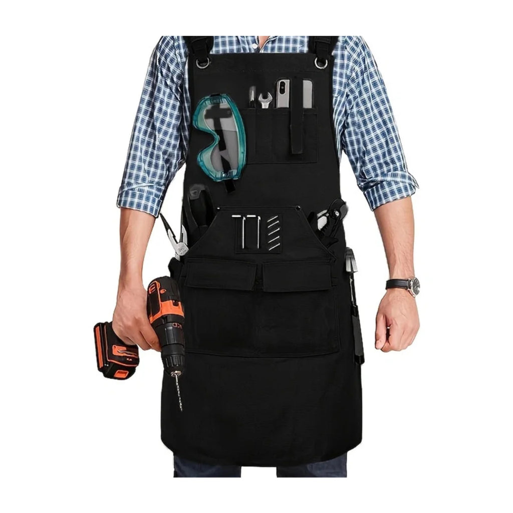 Tablier d'ébéniste en toile cirée, à bretelles en X, noir, porté