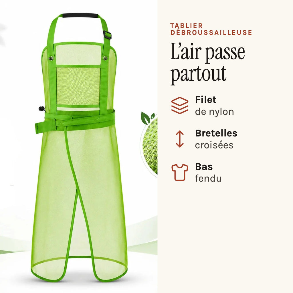 Tablier pour débroussailleuse en filet, bretelles croisées, vert, filet ajouré