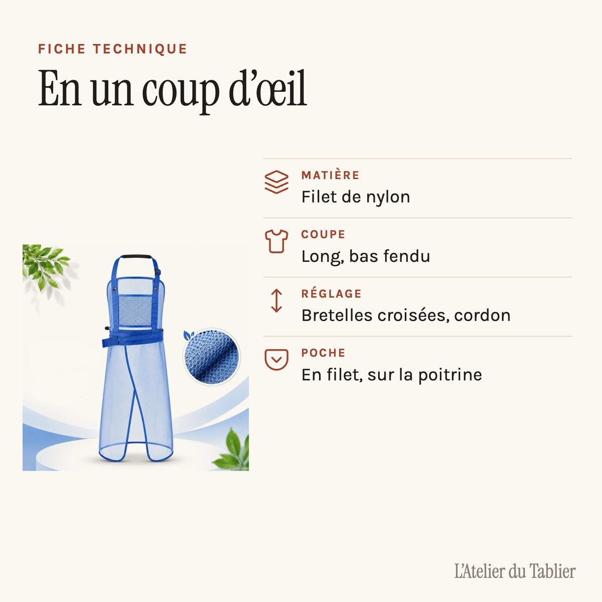 Tablier pour débroussailleuse en filet, bretelles croisées, fiche technique