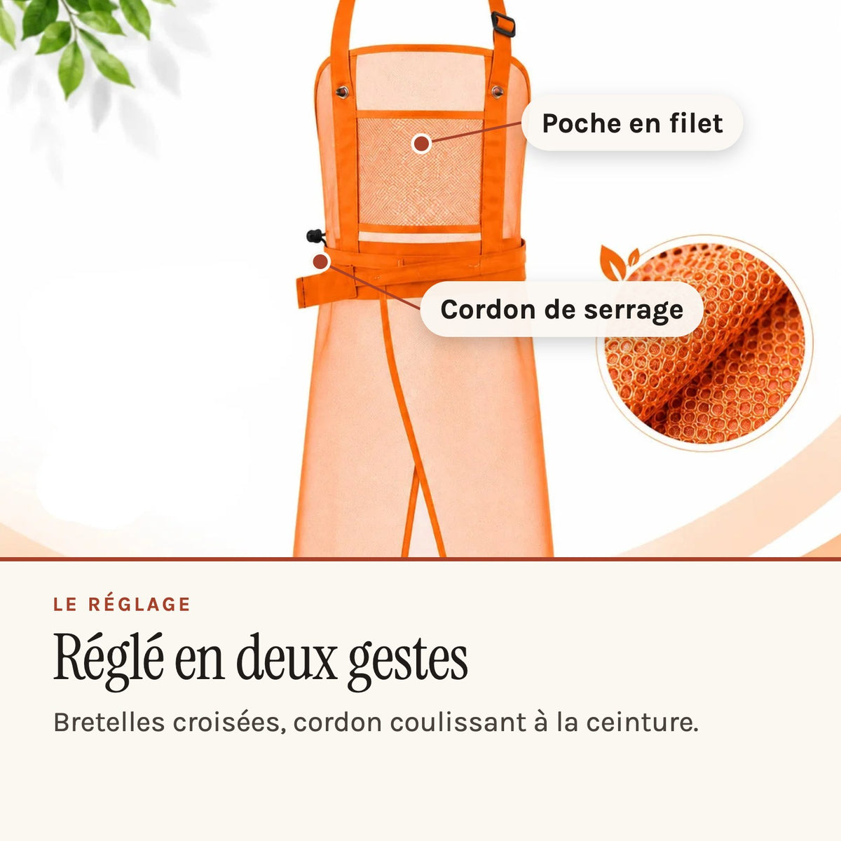 Tablier pour débroussailleuse en filet, bretelles croisées, orange, poche et cordon de serrage