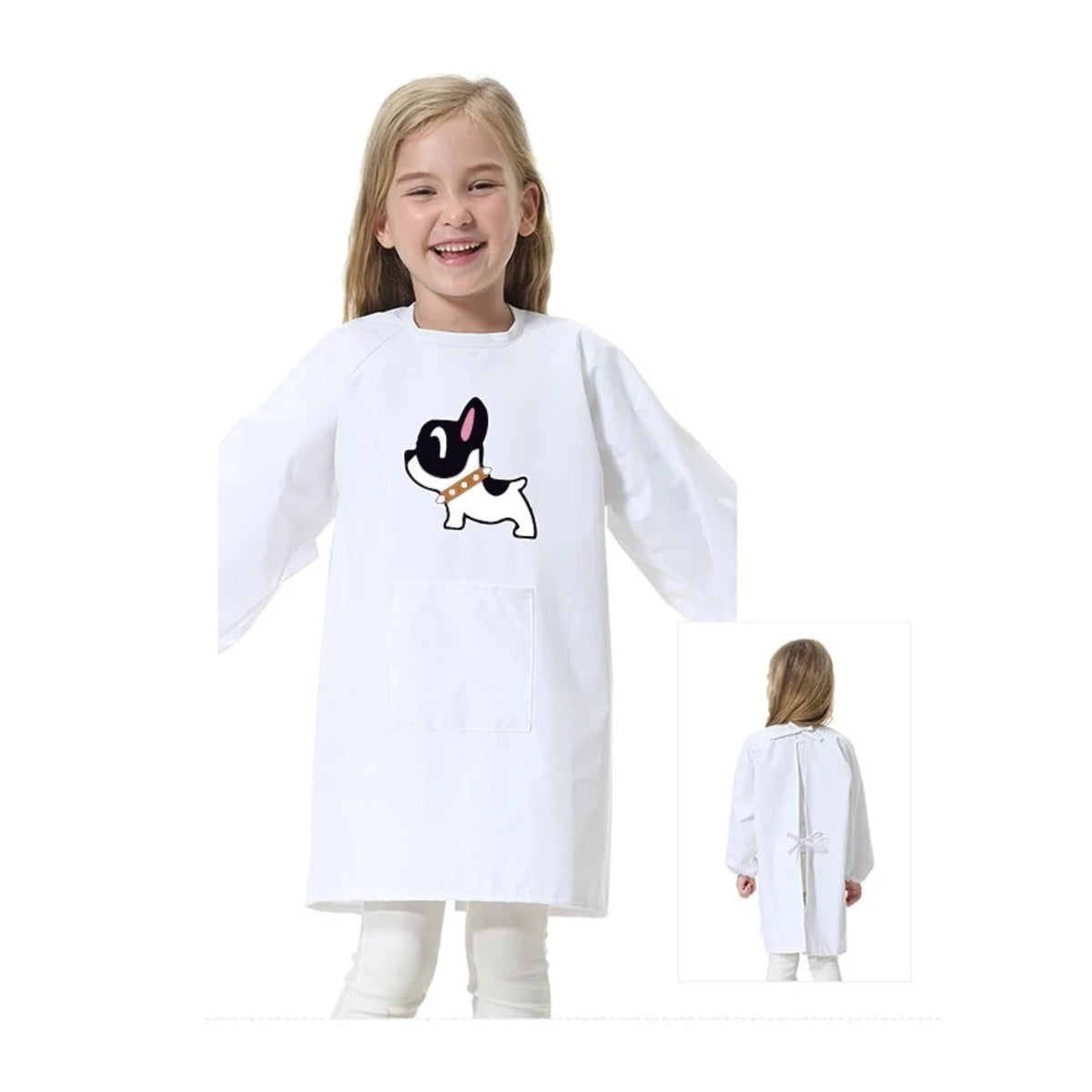 Kinderschürze für die Schule, Mädchen, mit kleinem Hund, Weiß, getragen
