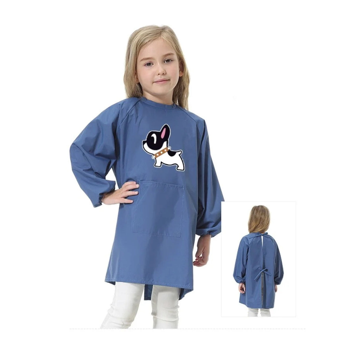 Kinderschürze für die Schule, Mädchen, mit kleinem Hund, Blau, getragen