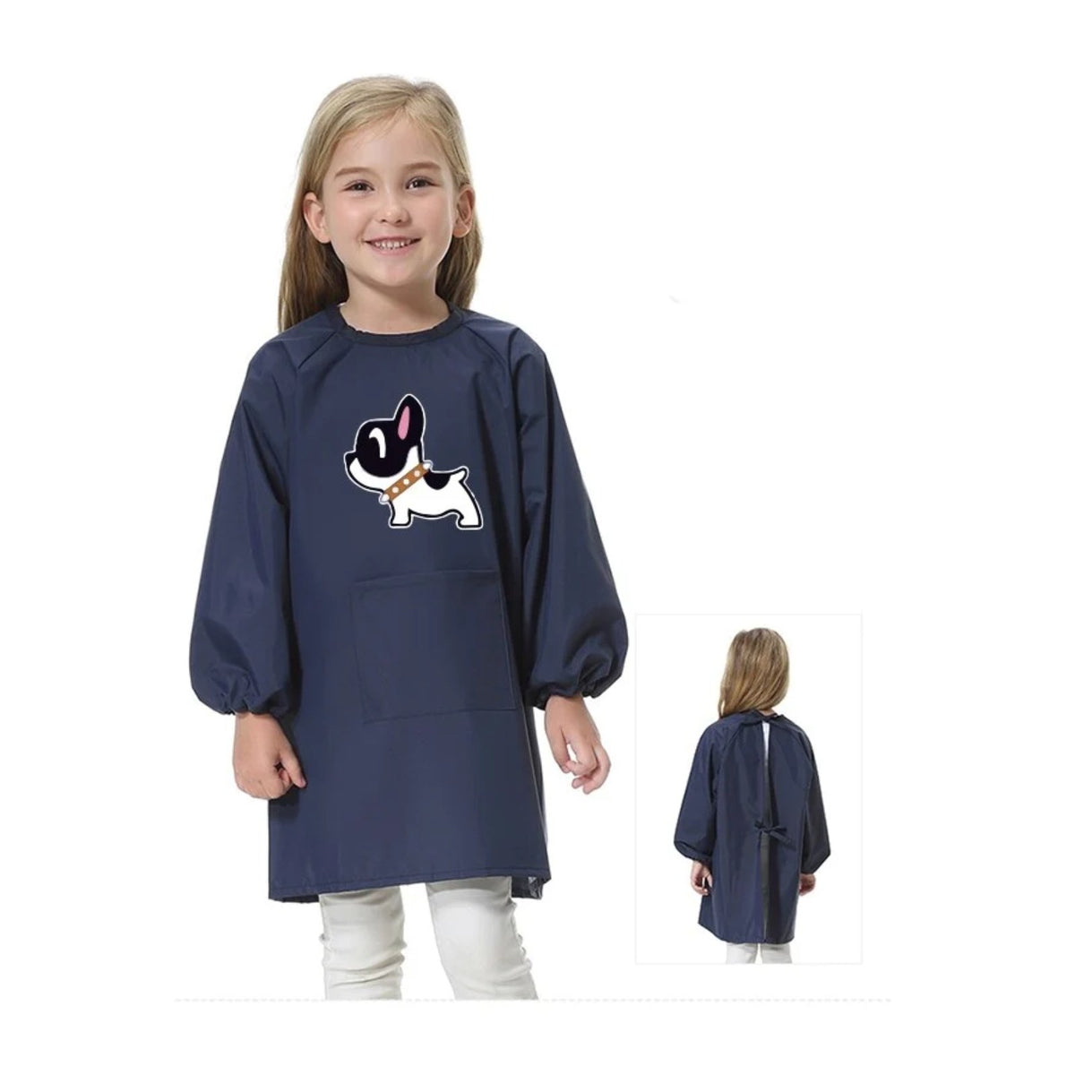 Kinderschürze für die Schule, Mädchen, mit kleinem Hund, Marineblau, getragen