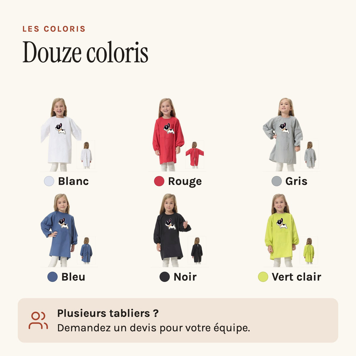 Kinderschürze für die Schule, Mädchen, mit kleinem Hund, zwölf Farben