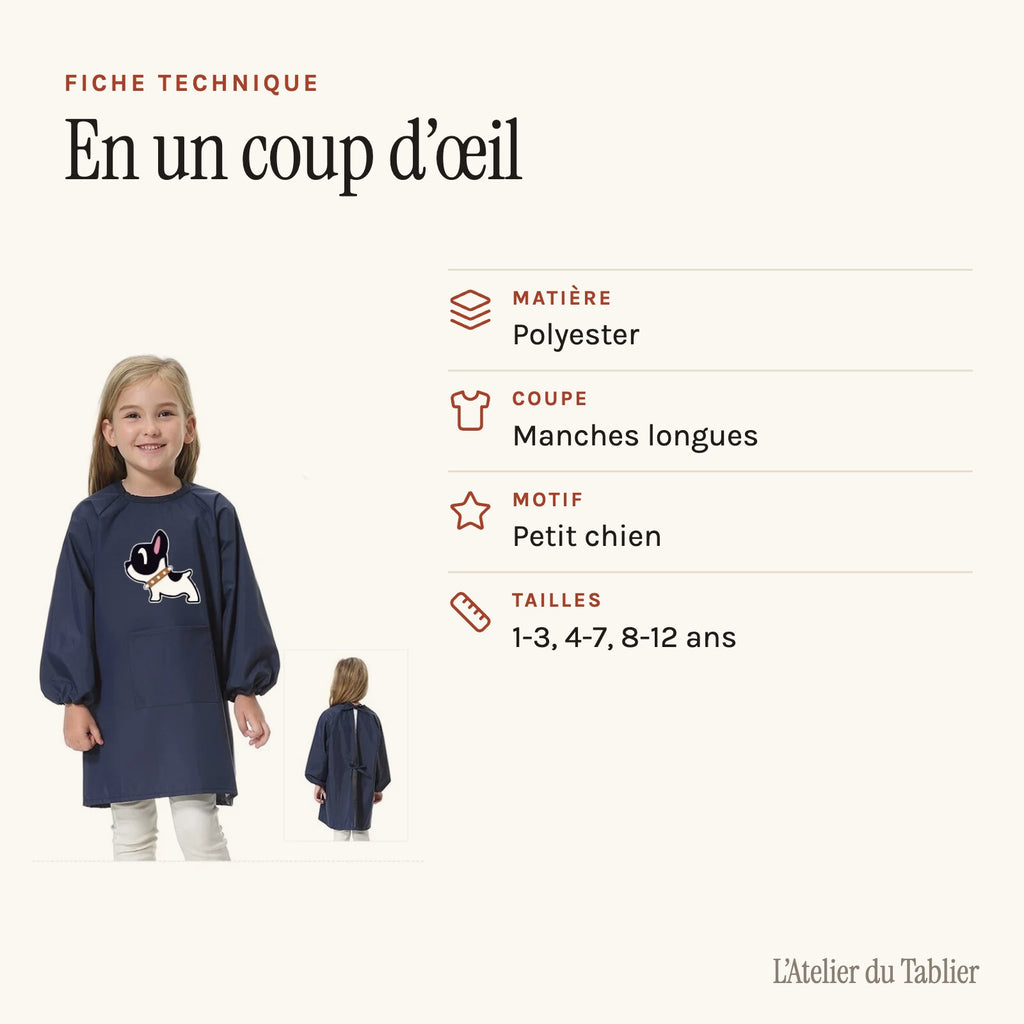 Kinderschürze für die Schule, Mädchen, mit kleinem Hund, technisches Datenblatt