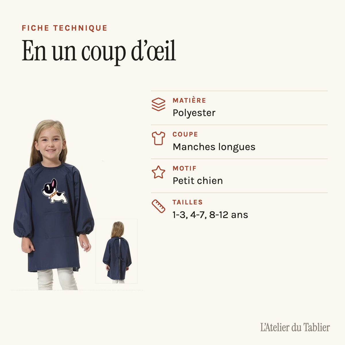 Kinderschürze für die Schule, Mädchen, mit kleinem Hund, technisches Datenblatt