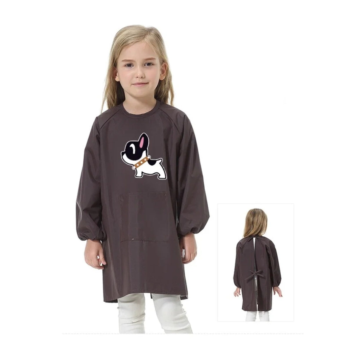 Kinderschürze für die Schule, Mädchen, mit kleinem Hund, Braun, getragen