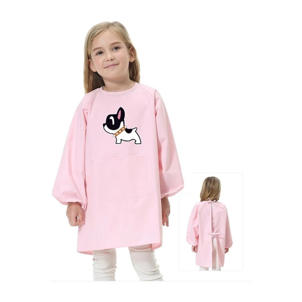 Kinderschürze für die Schule, Mädchen, mit kleinem Hund, Rosa, getragen