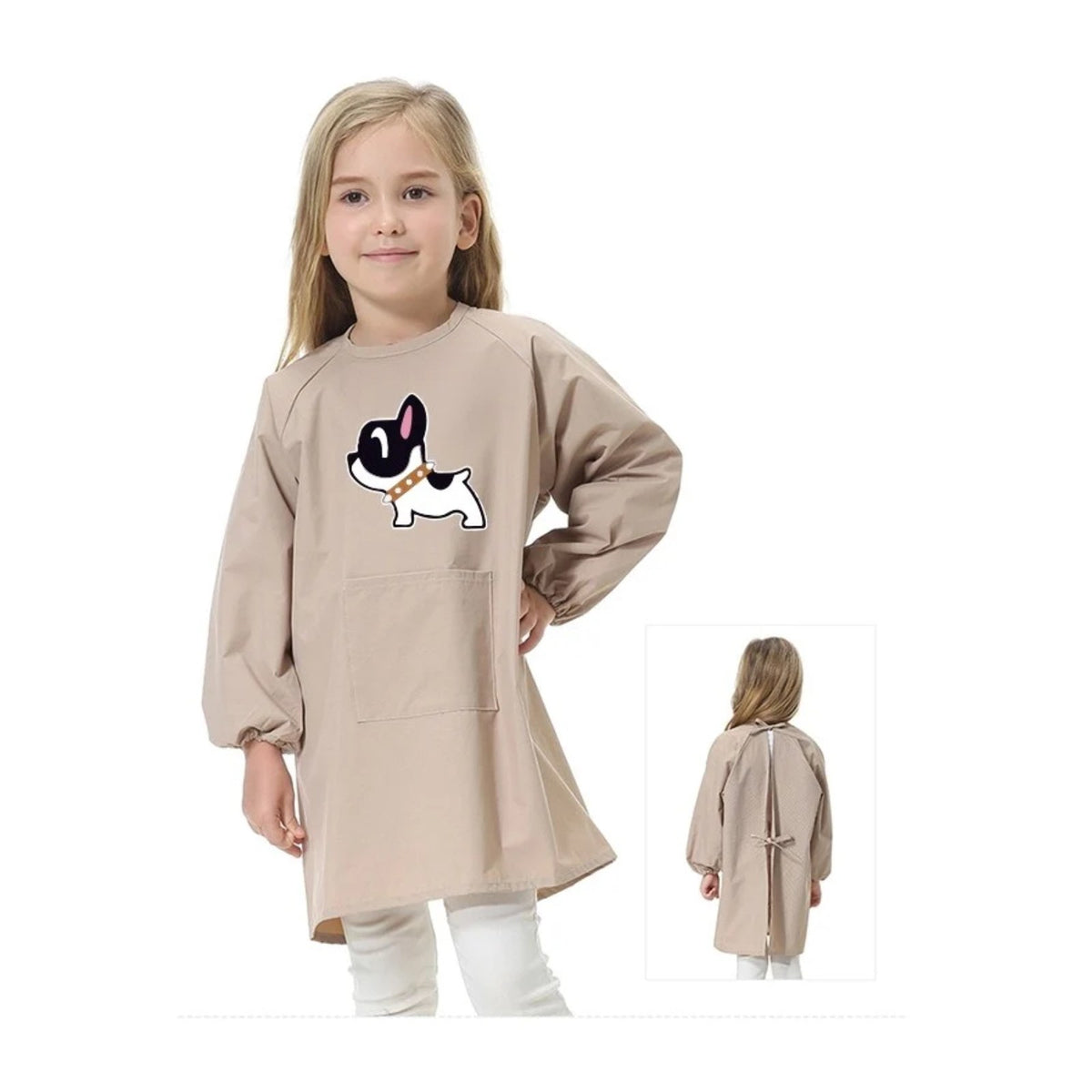 Kinderschürze für die Schule, Mädchen, mit kleinem Hund, Taupe, getragen