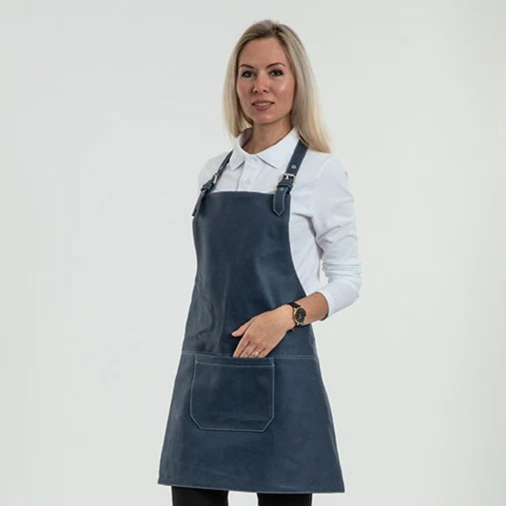Lederschürze, Indigoblau, getragen